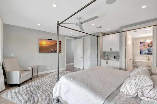Bedroom, Interior, Recessed Lighting, Wood Texture Flooring