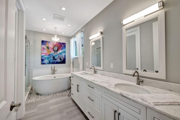 Bathroom, Chandelier, Dual Sink Vanities, Free Standing Baths, Interior, Pendant Lights, Recessed Lighting