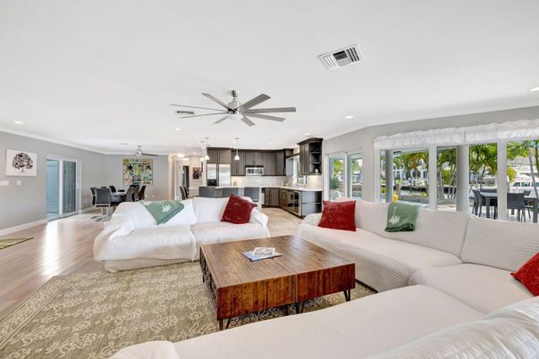 Dining room, Interior, Kitchen, Living room, Pendant Lights, Recessed Lighting, Stainless Steel Appliances, Wood Texture Flooring