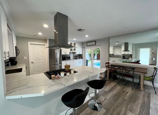 Dining room, Interior, Kitchen, Recessed Lighting, Stainless Steel Appliances, Wood Texture Flooring