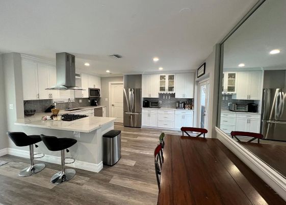 Interior, Kitchen, Recessed Lighting, Stainless Steel Appliances, Wood Texture Flooring