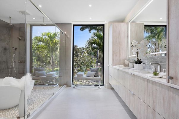 Bathroom, Dual Sink Vanities, Glass Shower, Interior, Recessed Lighting