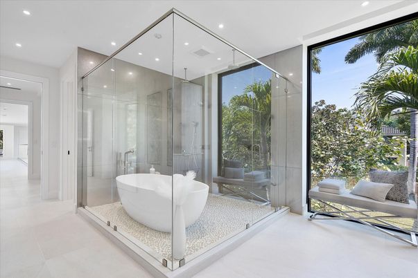 Bathroom, Free Standing Baths, Glass Shower, Interior, Recessed Lighting