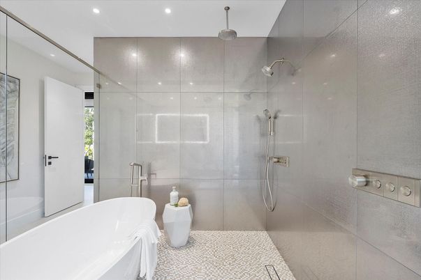 Bathroom, Free Standing Baths, Glass Shower, Interior, Recessed Lighting