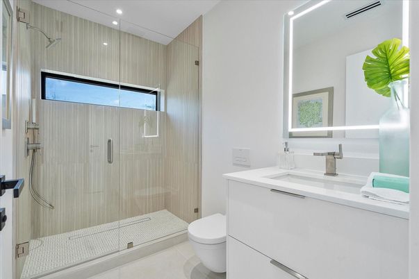 Bathroom, Glass Shower, Interior, Recessed Lighting