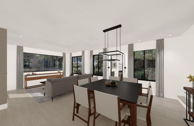 Dining room, Interior, Living room, Pendant Lights, Recessed Lighting, Wood Texture Flooring