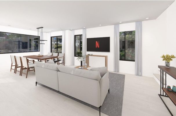 Dining room, Interior, Living room, Pendant Lights, Recessed Lighting, Wood Texture Flooring