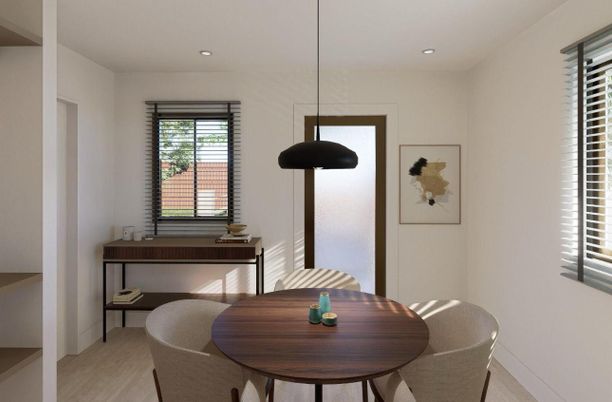 Dining room, Interior, Pendant Lights, Recessed Lighting, Wood Texture Flooring