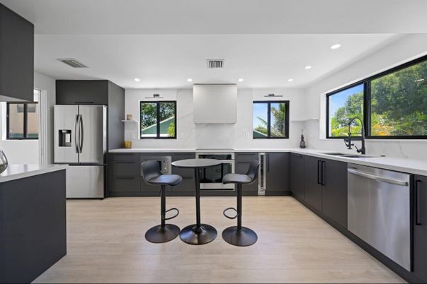 Interior, Kitchen, Recessed Lighting, Stainless Steel Appliances, Wood Texture Flooring