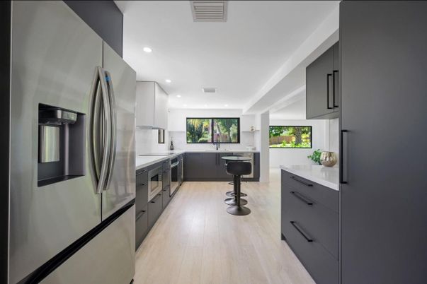 Interior, Kitchen, Recessed Lighting, Stainless Steel Appliances, Wood Texture Flooring