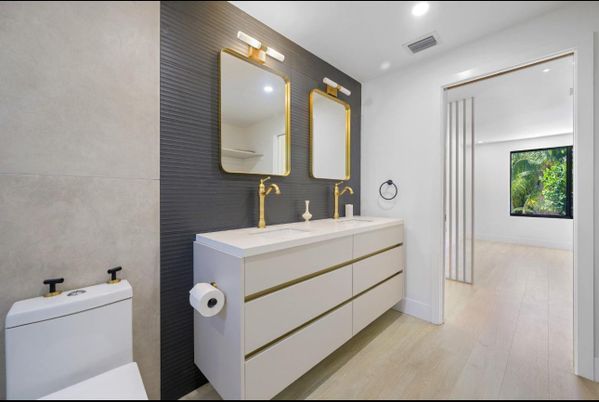 Bathroom, Dual Sink Vanities, Interior, Recessed Lighting, Wood Texture Flooring