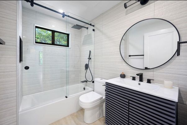 Bathroom, Glass Shower, Interior, Recessed Lighting, Wood Texture Flooring