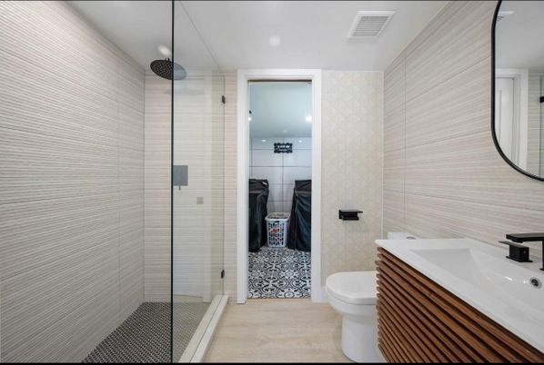 Bathroom, Glass Shower, Interior, Recessed Lighting, Wood Texture Flooring