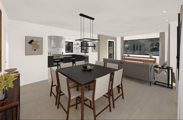 Dining room, Interior, Kitchen, Living room, Pendant Lights, Recessed Lighting, Wood Texture Flooring