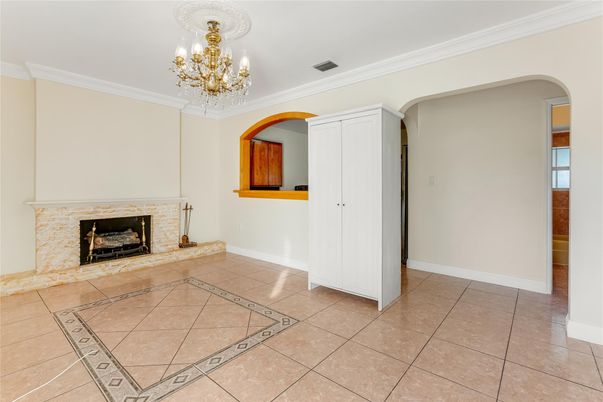 Chandelier, Empty room, Fireplace, Interior