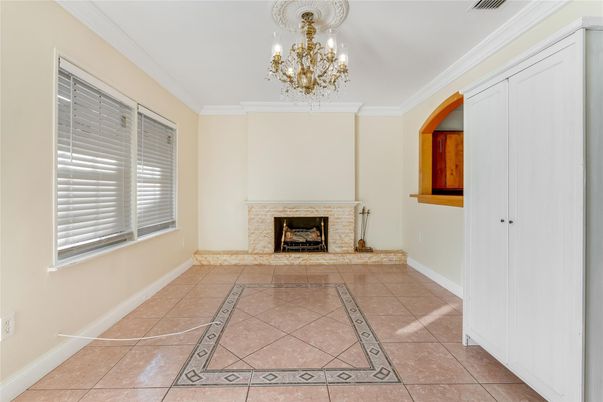 Chandelier, Empty room, Fireplace, Interior