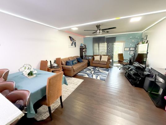 Dining room, Interior, Living room, Recessed Lighting, Wood Texture Flooring