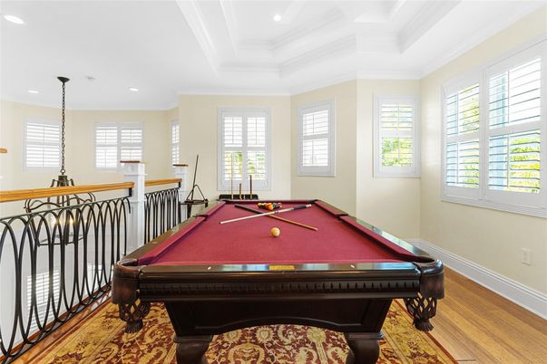 Billiard Table, Game Room, Interior, Recessed Lighting, Wood Texture Flooring