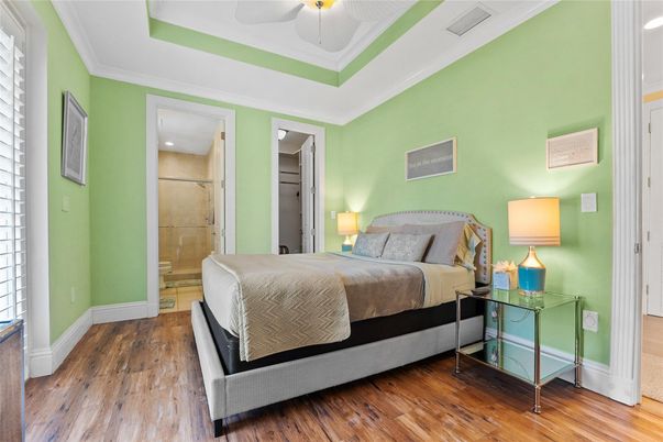 Bedroom, Interior, Recessed Lighting, Wood Texture Flooring