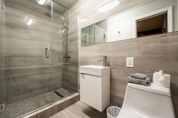 Bathroom, Glass Shower, Interior, Wood Texture Flooring