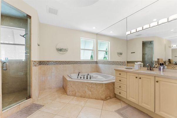 Bathroom, Dual Sink Vanities, Glass Shower, Interior, Recessed Lighting
