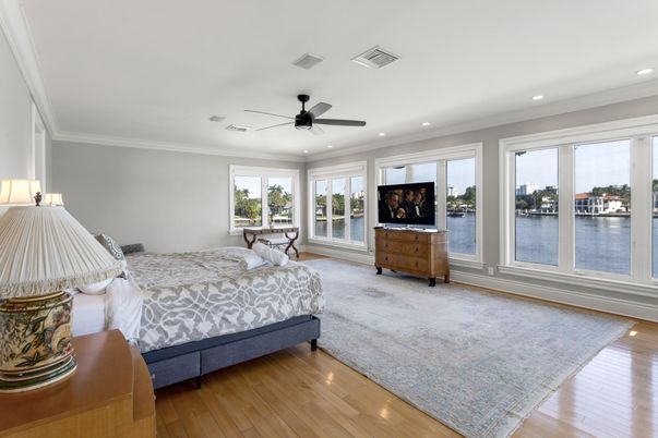 Bedroom, Interior, Recessed Lighting, Water, Wood Texture Flooring