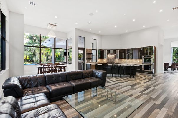 Chandelier, Dining room, Interior, Kitchen, Living room, Recessed Lighting, Stainless Steel Appliances, Wood Texture Flooring