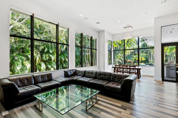 Dining room, Interior, Living room, Recessed Lighting, Wood Texture Flooring
