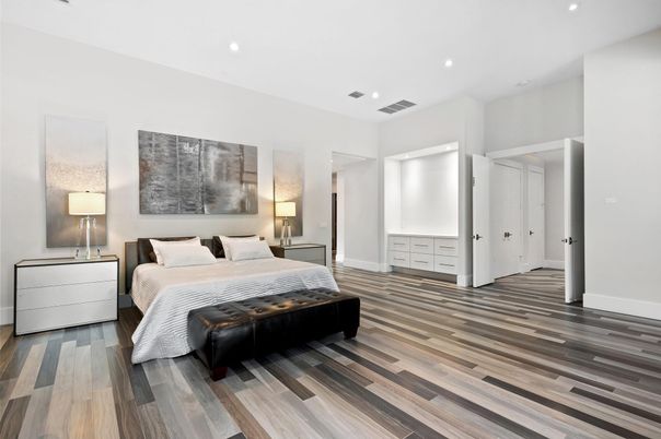 Bedroom, Interior, Recessed Lighting, Wood Texture Flooring