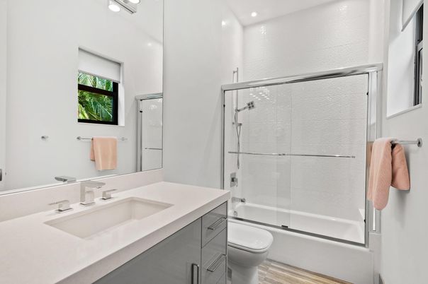 Bathroom, Glass Shower, Interior, Recessed Lighting, Wood Texture Flooring