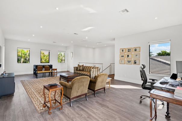 Home Office, Interior, Living room, Recessed Lighting, Wood Texture Flooring