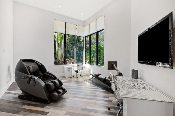 Fitness Equipment, Home Office, Interior, Recessed Lighting, Wood Texture Flooring