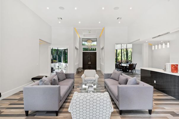 Dining room, Interior, Living room, Pendant Lights, Recessed Lighting, Wood Texture Flooring