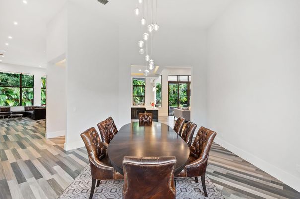 Dining room, Interior, Pendant Lights, Recessed Lighting, Wood Texture Flooring
