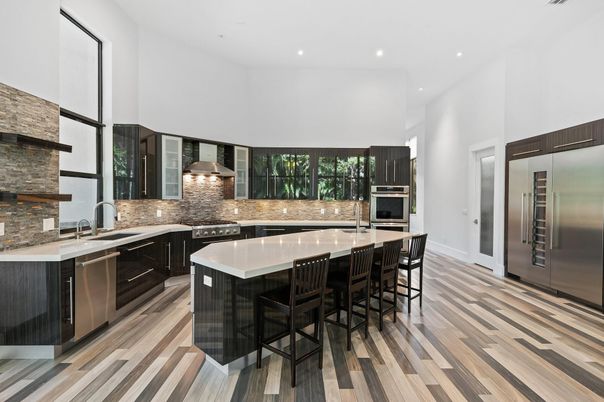 Interior, Kitchen, Recessed Lighting, Stainless Steel Appliances, Wood Texture Flooring