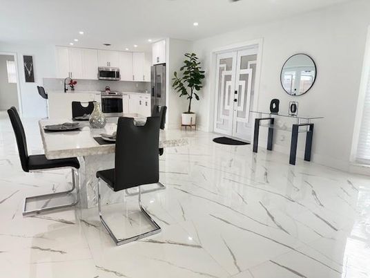 Dining room, Interior, Kitchen, Marble, Recessed Lighting, Stainless Steel Appliances