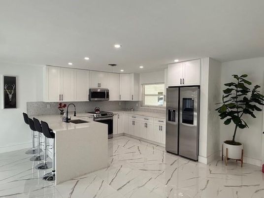 Interior, Kitchen, Marble, Recessed Lighting, Stainless Steel Appliances