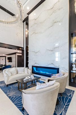 Fireplace, Interior, Living room, Marble Walls, Pendant Lights, Recessed Lighting