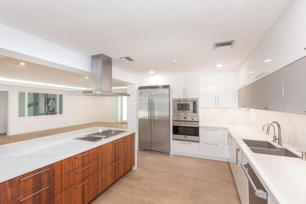 Interior, Kitchen, Recessed Lighting, Stainless Steel Appliances, Wood Texture Flooring