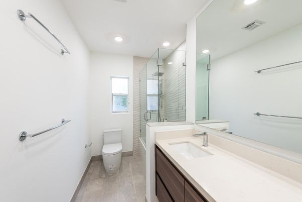 Bathroom, Glass Shower, Interior, Recessed Lighting, Wood Texture Flooring