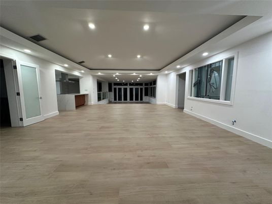 Empty room, Interior, Kitchen, Recessed Lighting, Wood Texture Flooring