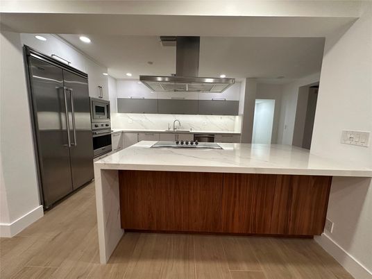 Interior, Kitchen, Marble Walls, Recessed Lighting, Stainless Steel Appliances, Wood Texture Flooring
