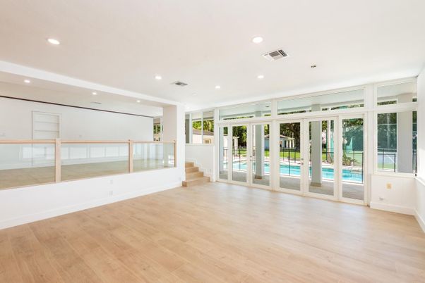 Interior, Kitchen, Marble Walls, Recessed Lighting, Stainless Steel Appliances, Wood Texture Flooring