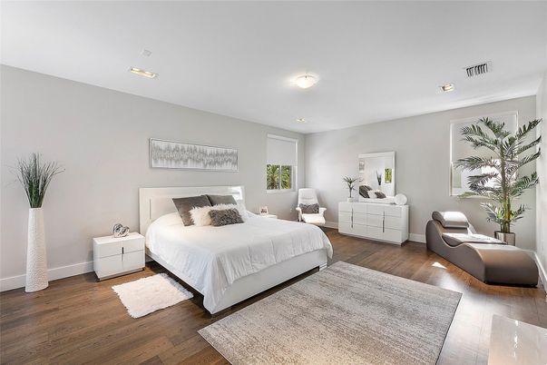 Bedroom, Interior, Recessed Lighting, Wood Texture Flooring