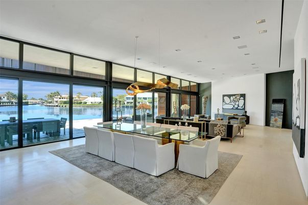 Dining room, Interior, Living room, Pendant Lights, Recessed Lighting, Water, Wood Texture Flooring