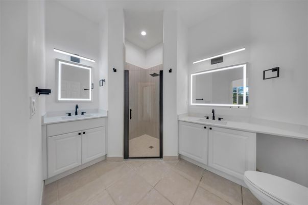 Bathroom, Dual Sink Vanities, Glass Shower, Interior, Recessed Lighting