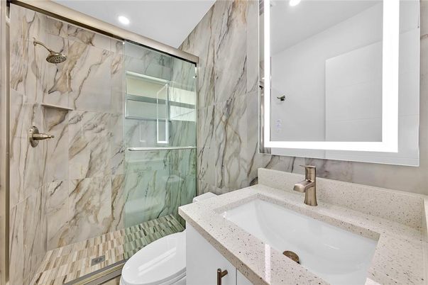 Bathroom, Glass Shower, Interior, Marble Walls, Recessed Lighting