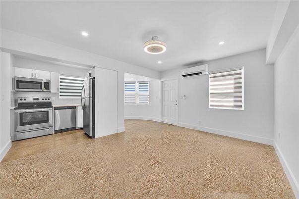 Empty room, Interior, Kitchen, Recessed Lighting, Stainless Steel Appliances