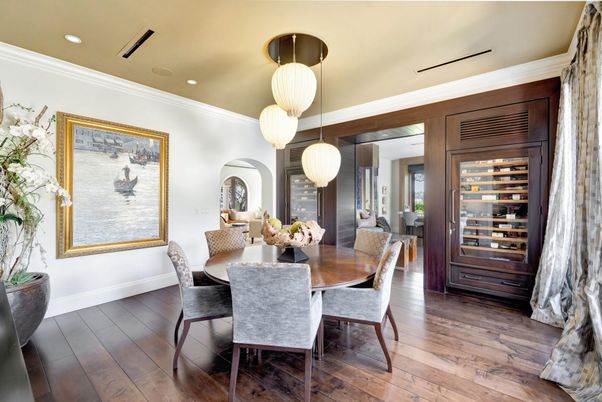 Dining room, Interior, Pendant Lights, Recessed Lighting, Wood Texture Flooring