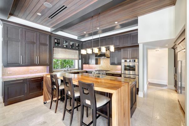 Interior, Kitchen, Pendant Lights, Recessed Lighting, Stainless Steel Appliances, Wooden Ceilings
